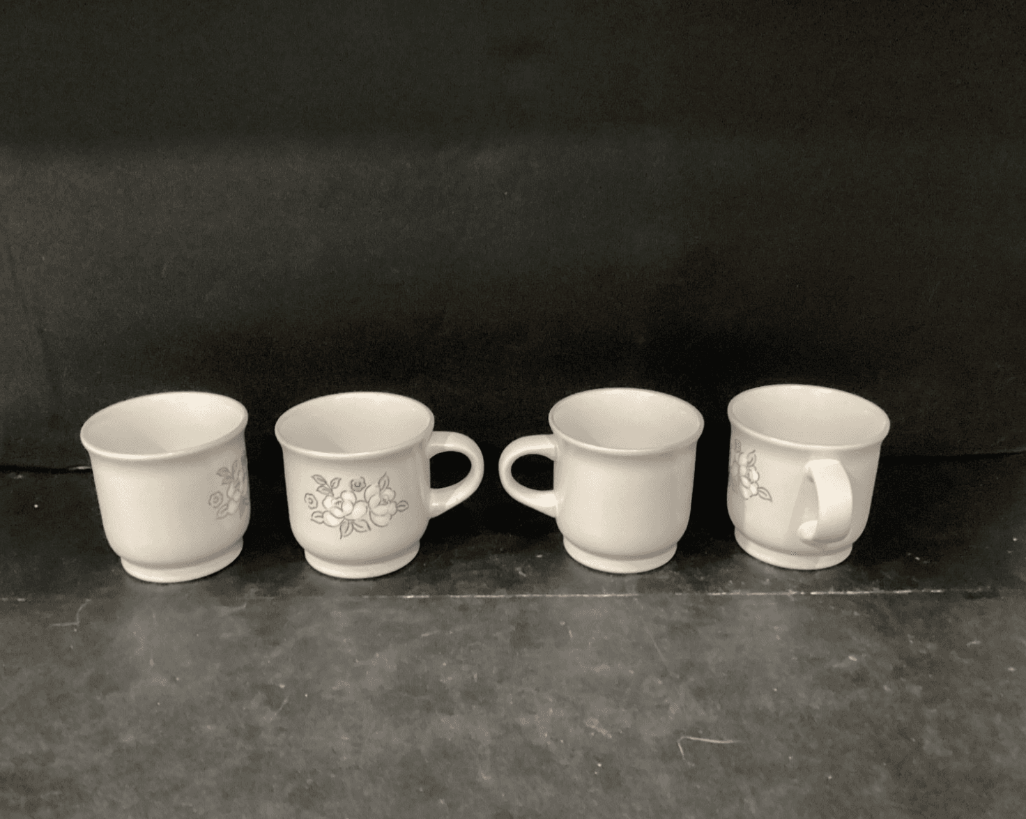 VTG Chantilly Fleur de Lune 4 Coffee Cups White Stoneware Mugs Japan Blue Rim - Thumbnail 8
