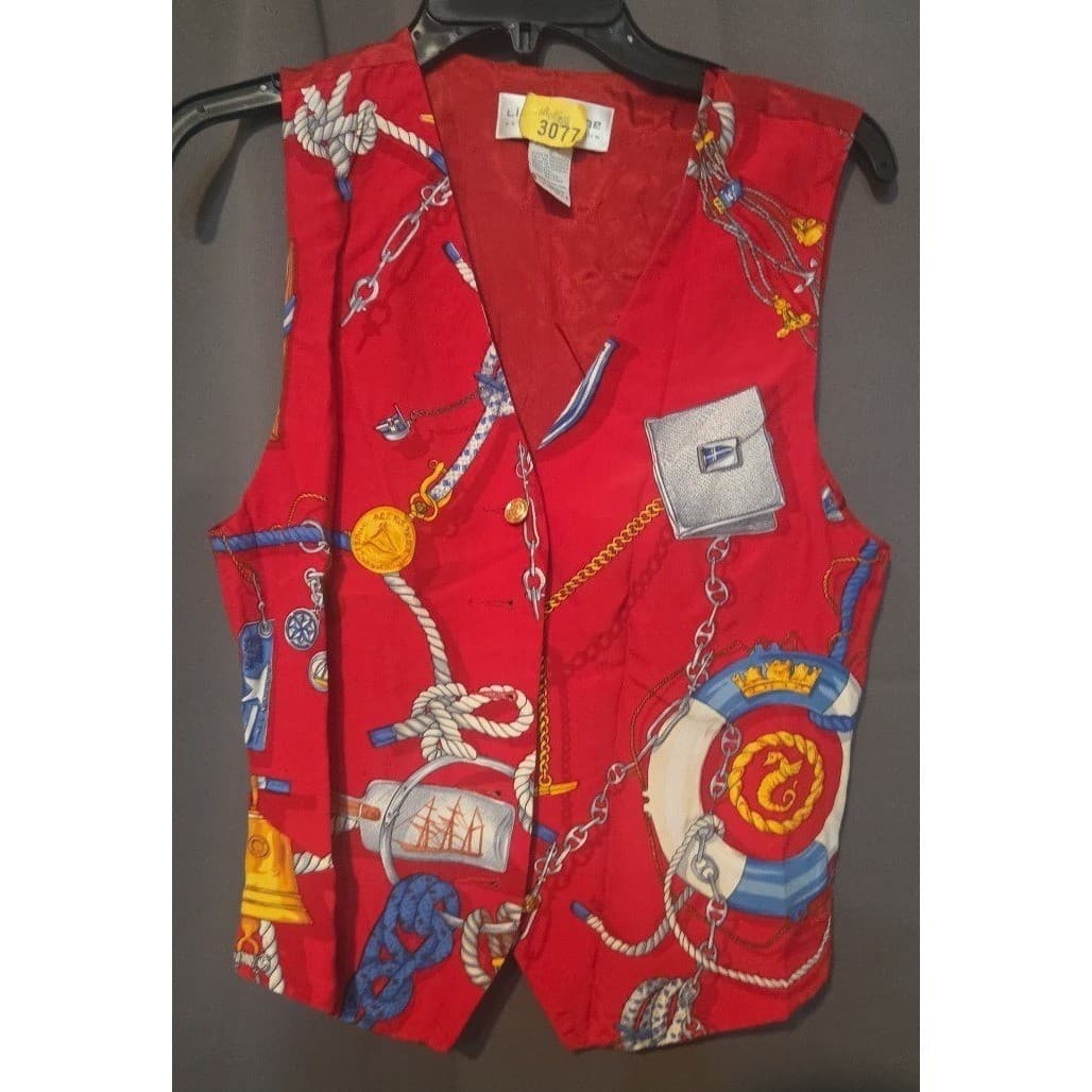 Liz Claiborne Petite Red Nautical Novelty Print Vest Gold Buttons, Women's Sz PS - Thumbnail 3