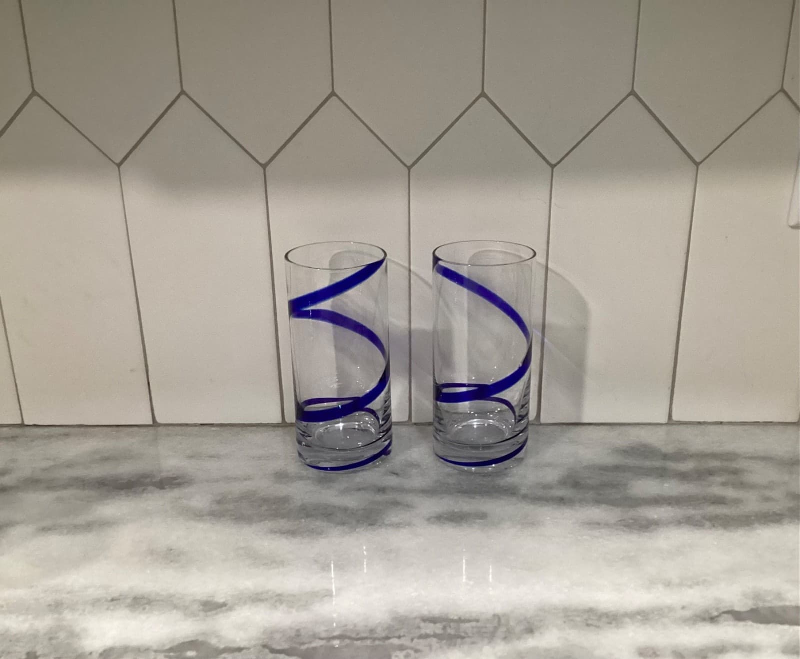 Pier 1 Blue Swirl Line Highball Glasses Tumblers Cobalt Blue Swirl Set of 2