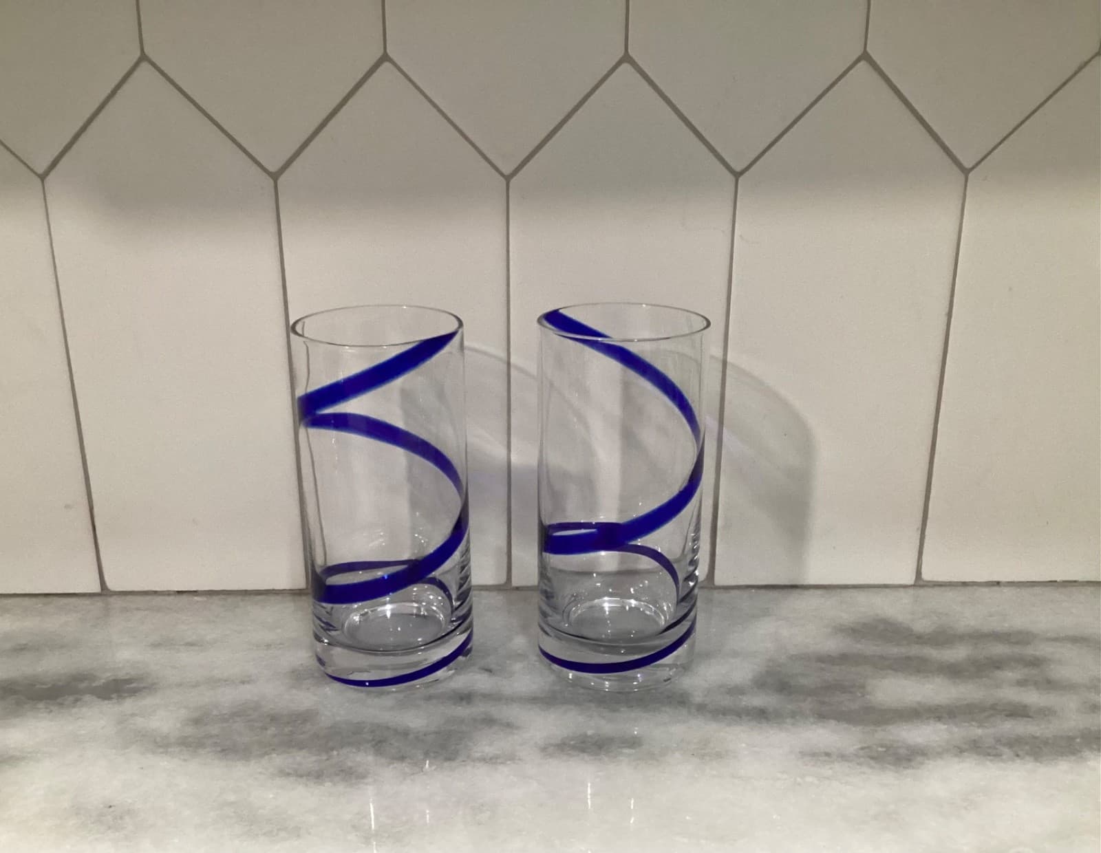 Pier 1 Blue Swirl Line Highball Glasses Tumblers Cobalt Blue Swirl Set of 2 - Thumbnail 7