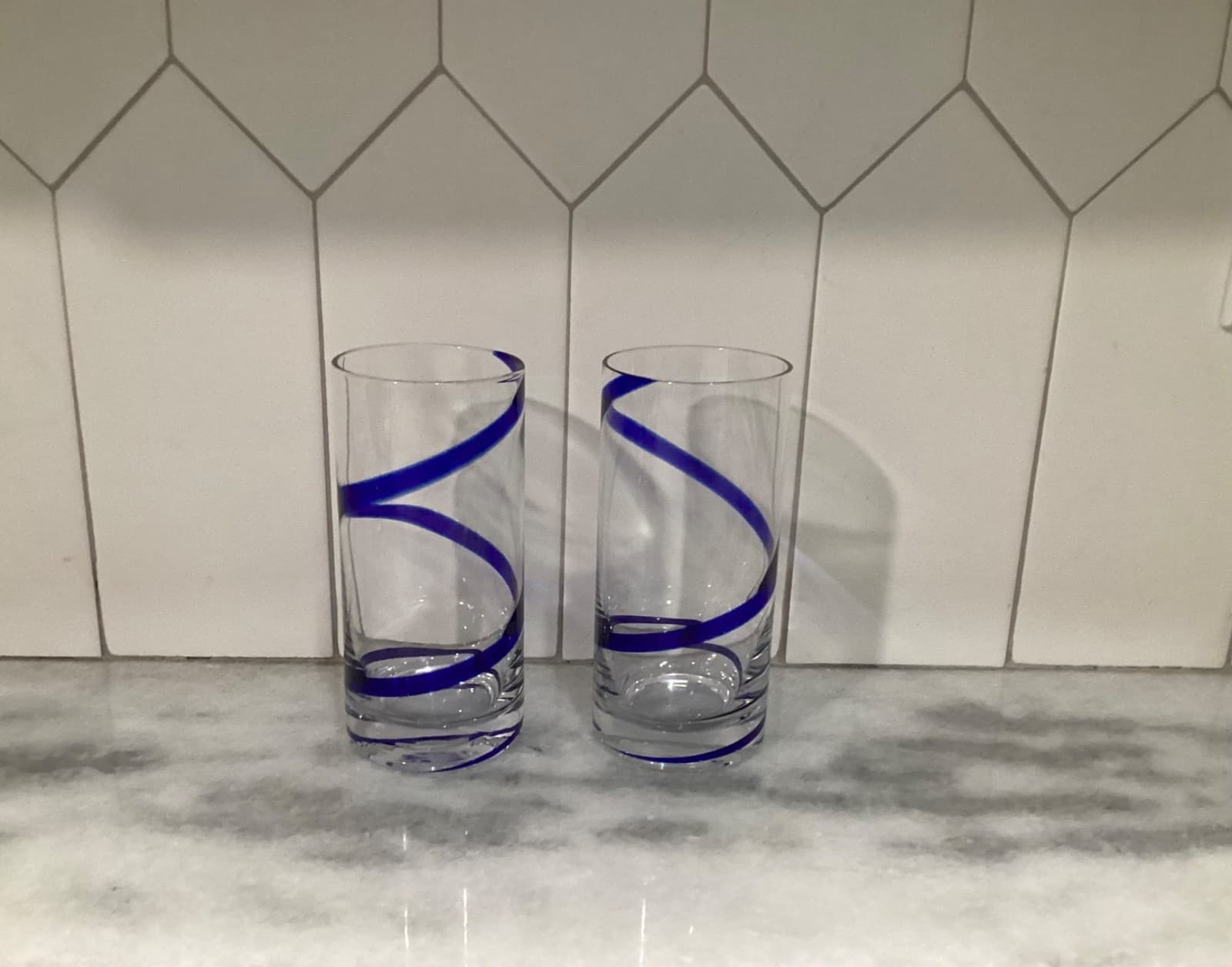 Pier 1 Blue Swirl Line Highball Glasses Tumblers Cobalt Blue Swirl Set of 2 - Thumbnail 8
