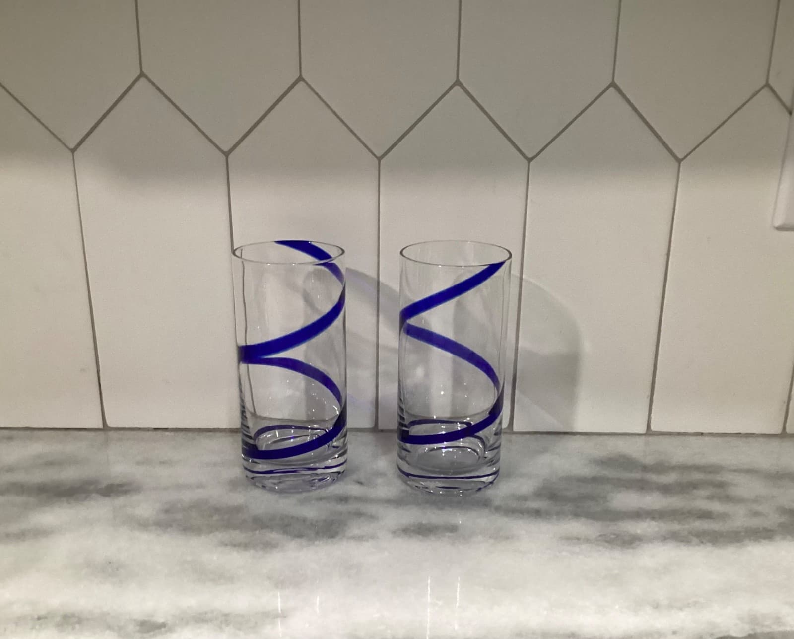 Pier 1 Blue Swirl Line Highball Glasses Tumblers Cobalt Blue Swirl Set of 2 - Thumbnail 9
