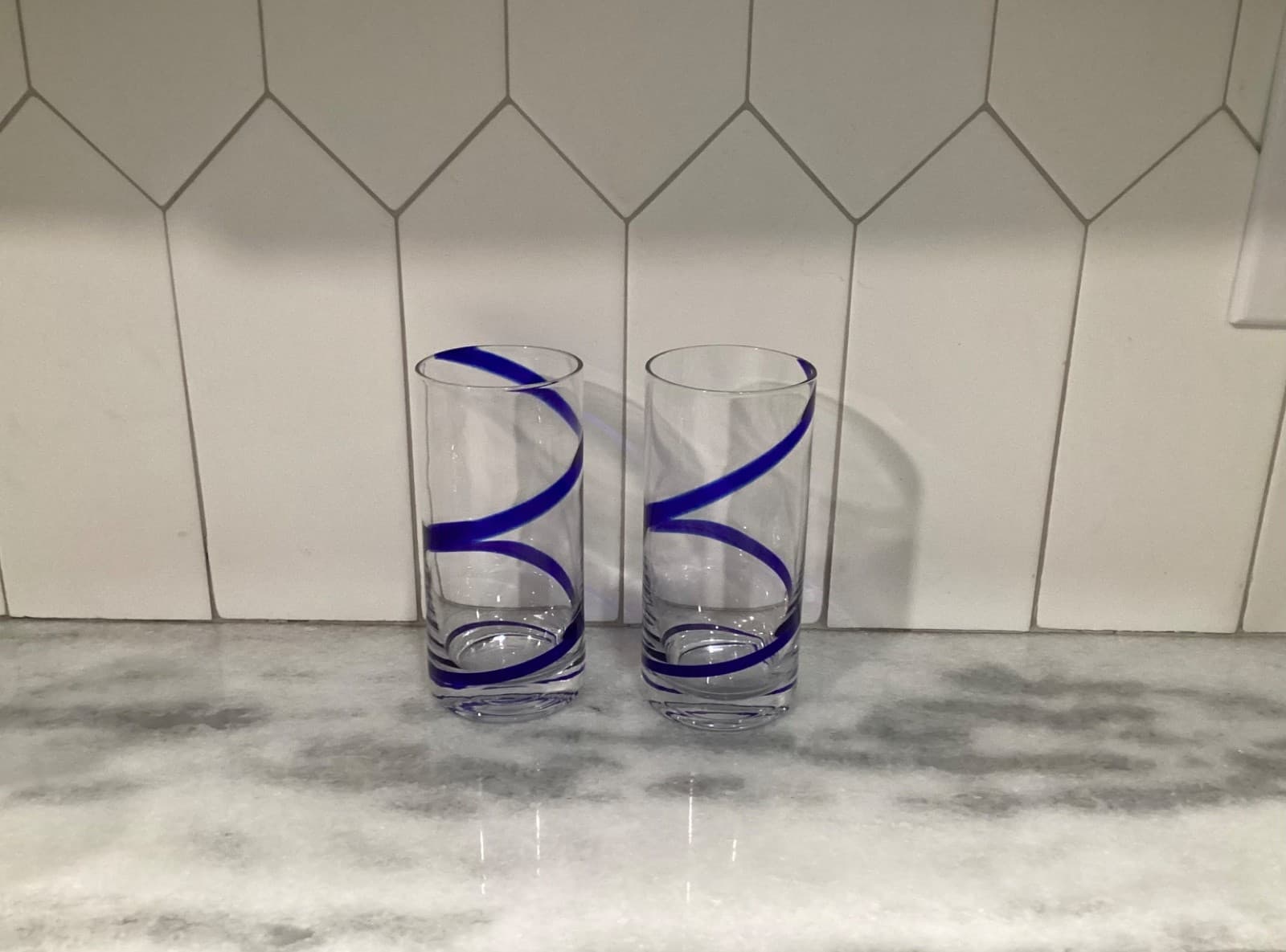 Pier 1 Blue Swirl Line Highball Glasses Tumblers Cobalt Blue Swirl Set of 2 - Thumbnail 10