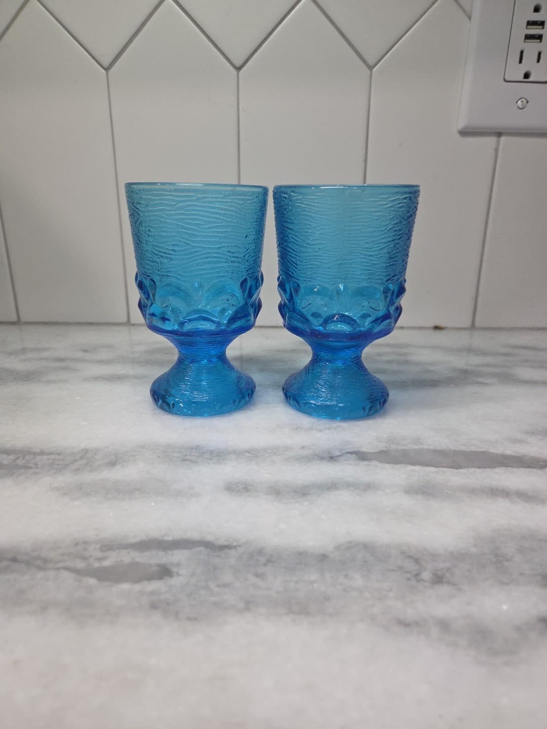 Brockway Glass Co Wine Goblets, Set of 2, Monterey Blue Footed Goblets, Textured - Thumbnail 4