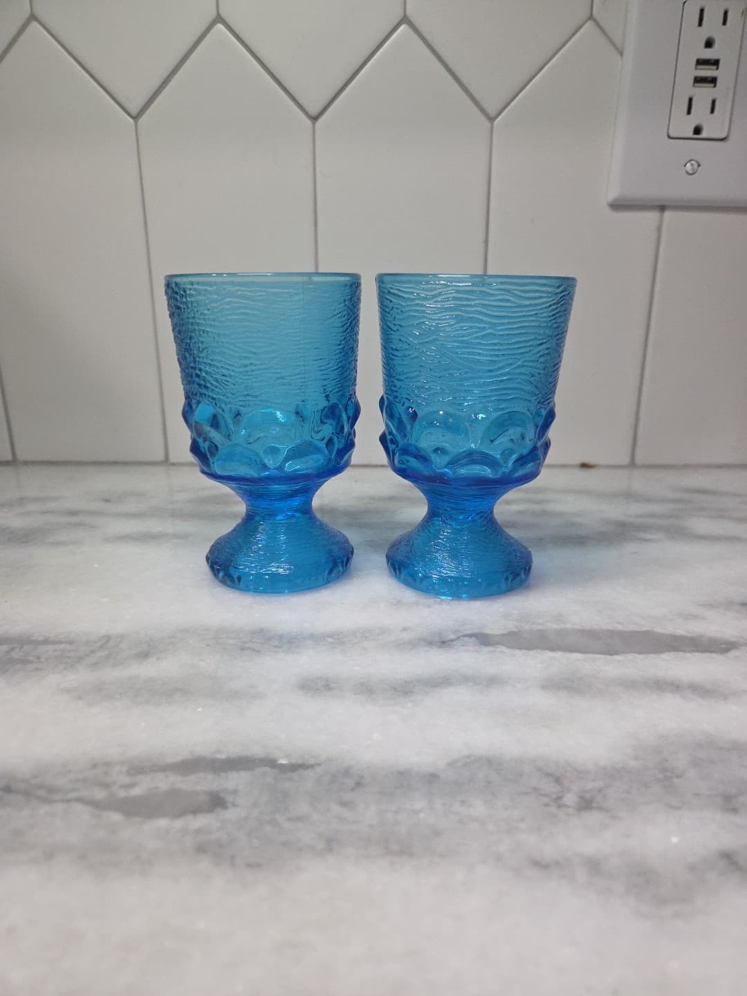 Brockway Glass Co Wine Goblets, Set of 2, Monterey Blue Footed Goblets, Textured - Thumbnail 3