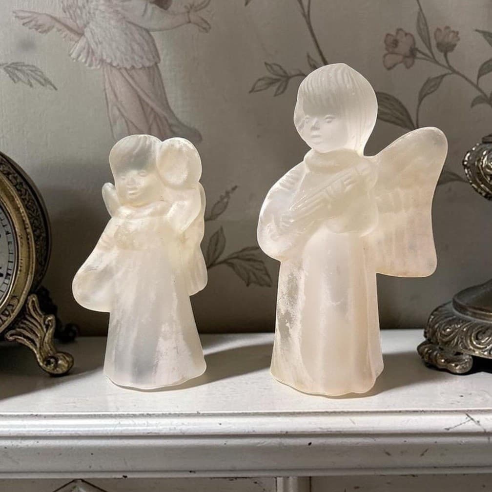 Frosted Glass Angel Candleholders, Set of 2, Vtg Candlestick Holders, Sculptures