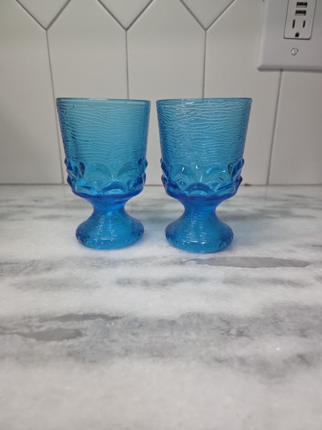 Brockway Glass Co Wine Goblets, Set of 2, Monterey Blue Footed Goblets, Textured