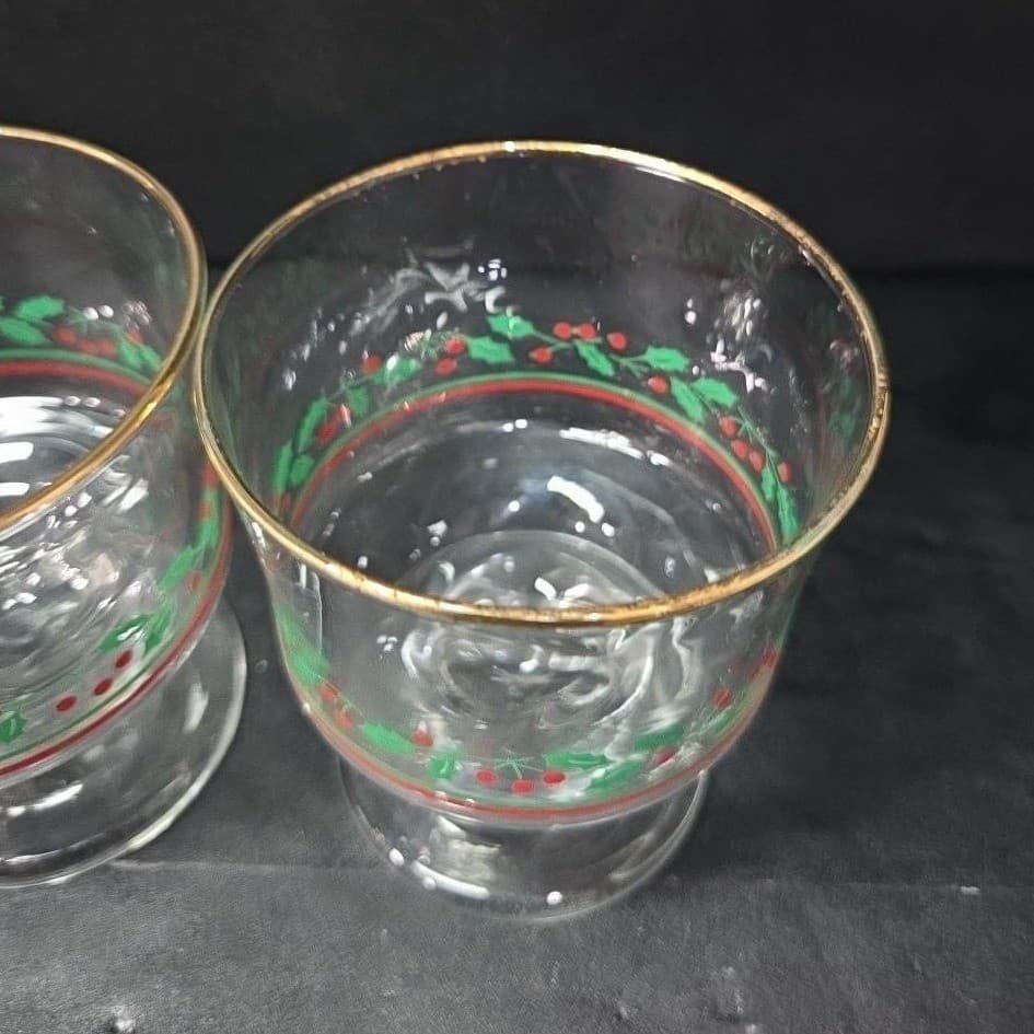 Libbey Christmas Dessert Glasses, Set of 2, Vintage Holly & Berries Design - Thumbnail 6