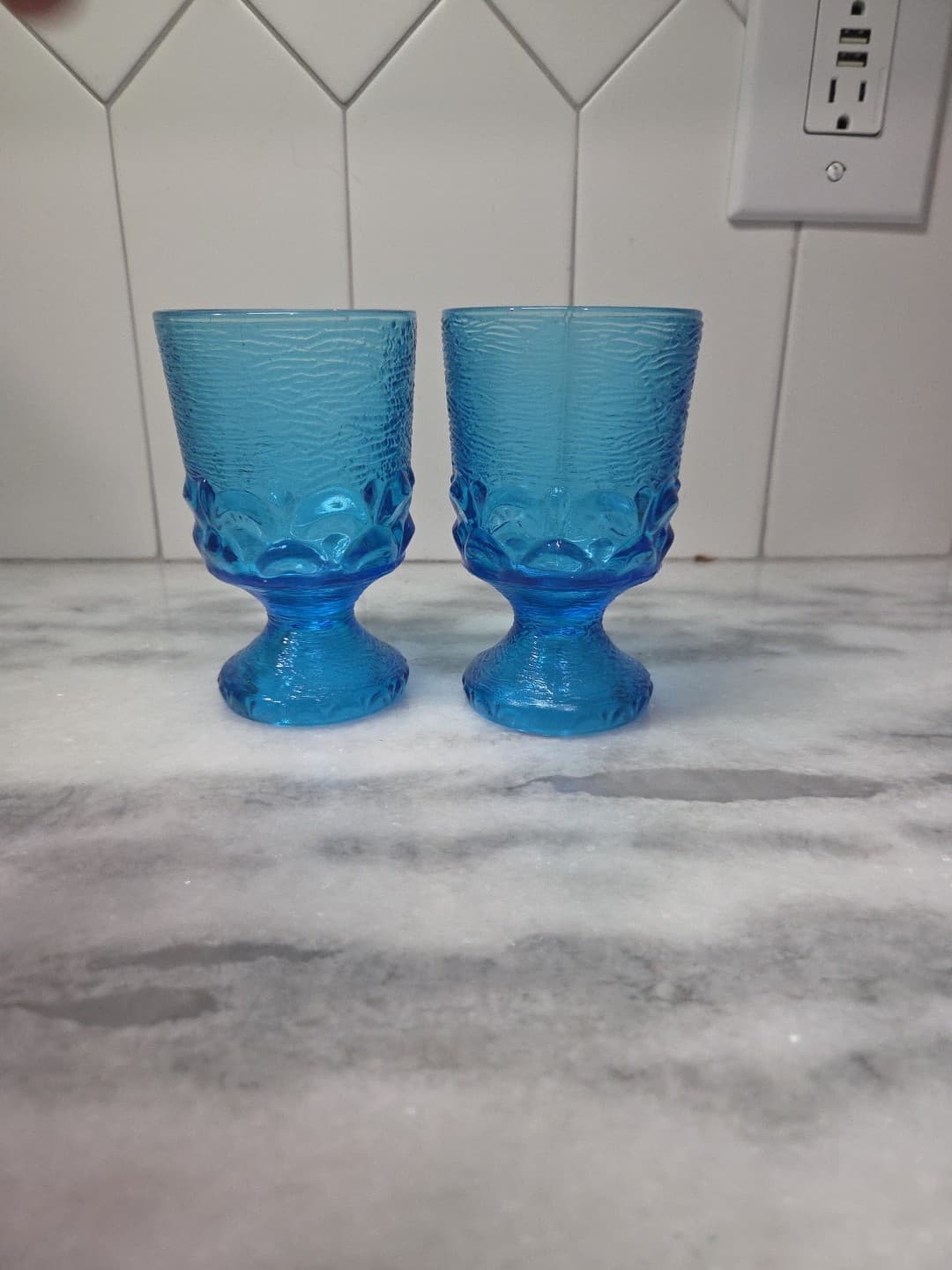 Brockway Glass Co Wine Goblets, Set of 2, Monterey Blue Footed Goblets, Textured - Thumbnail 2