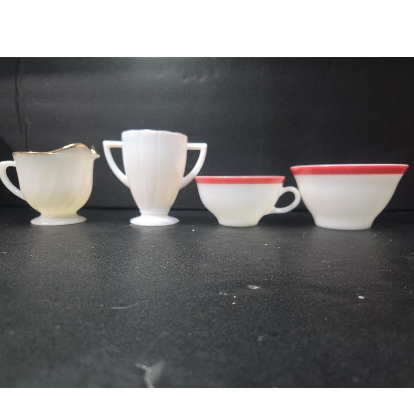 Milk Glass Bundle: Set of 4 Vintage Kitchenware, Pink Rim Mug & Bowl, Creamer - Thumbnail 2