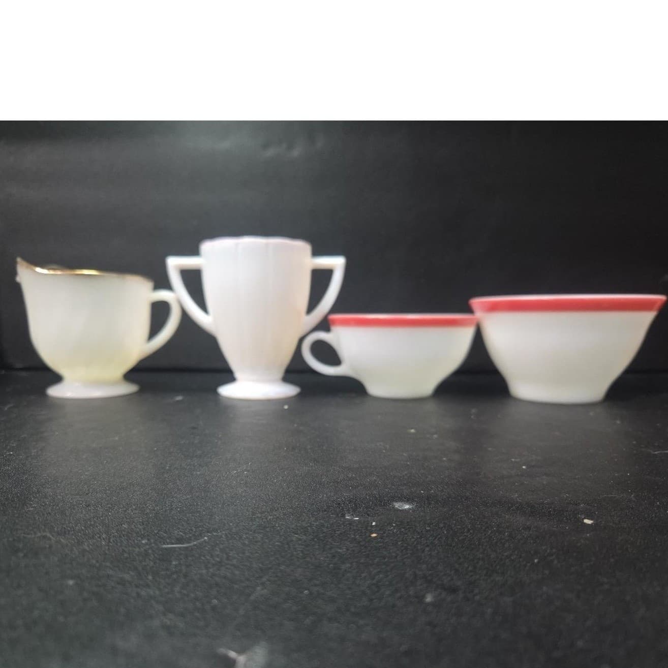 Milk Glass Bundle: Set of 4 Vintage Kitchenware, Pink Rim Mug & Bowl, Creamer - Thumbnail 4