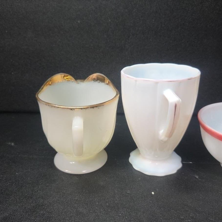 Milk Glass Bundle: Set of 4 Vintage Kitchenware, Pink Rim Mug & Bowl, Creamer - Thumbnail 7