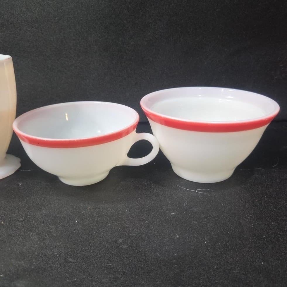 Milk Glass Bundle: Set of 4 Vintage Kitchenware, Pink Rim Mug & Bowl, Creamer - Thumbnail 6