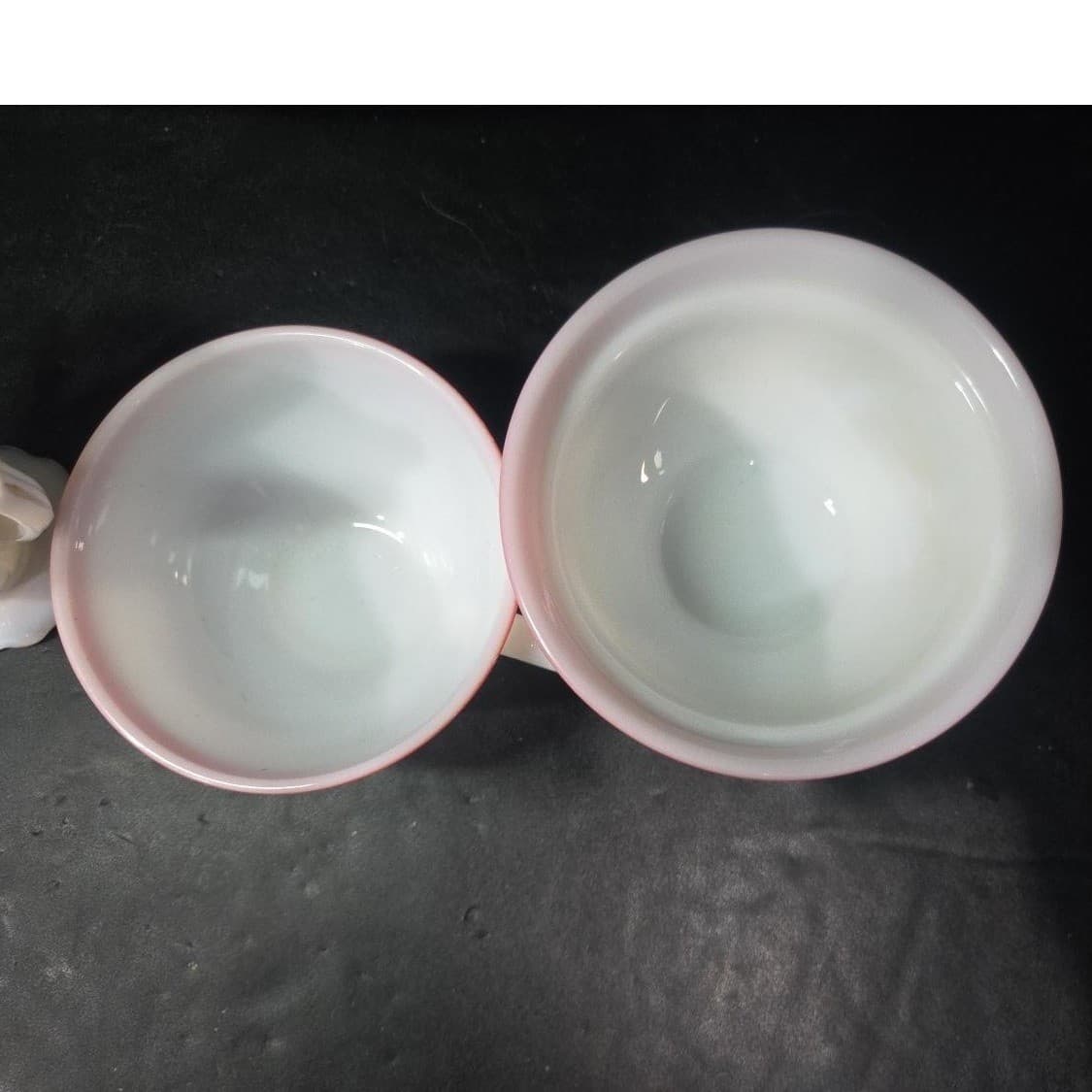 Milk Glass Bundle: Set of 4 Vintage Kitchenware, Pink Rim Mug & Bowl, Creamer - Thumbnail 9
