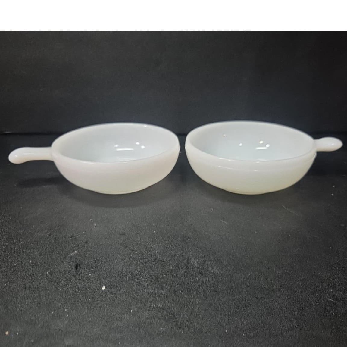 Glasbake Milk Glass Handled Lug Bowls, Set of 2, Vintage Chili Dish, Replacement - Thumbnail 2