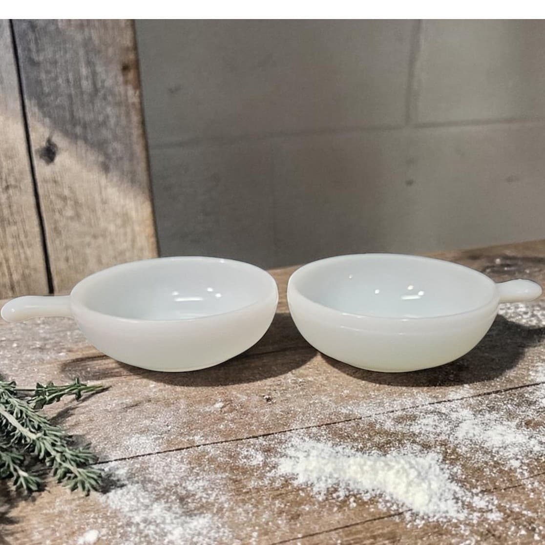 Glasbake Milk Glass Handled Lug Bowls, Set of 2, Vintage Chili Dish, Replacement