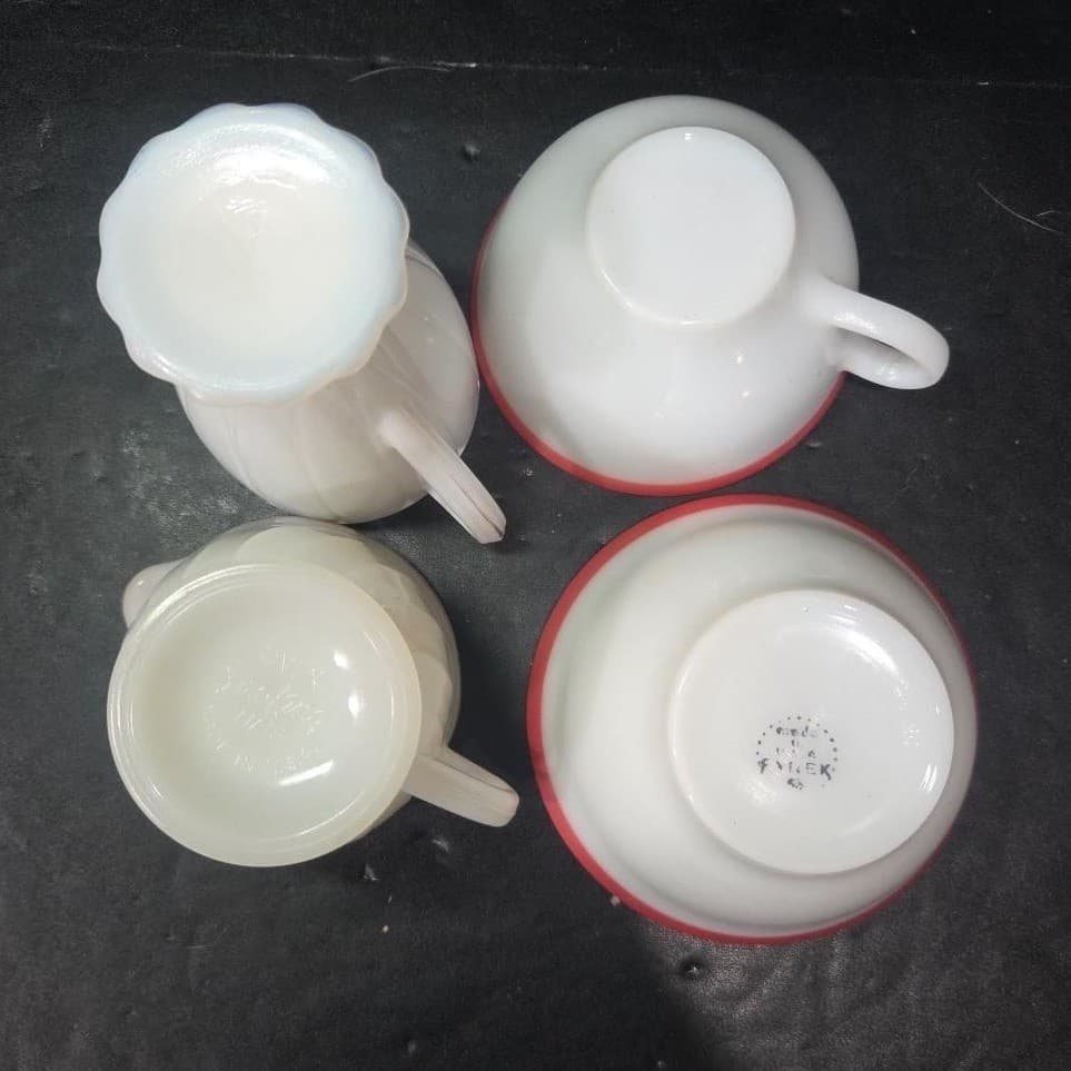 Milk Glass Bundle: Set of 4 Vintage Kitchenware, Pink Rim Mug & Bowl, Creamer - Thumbnail 10