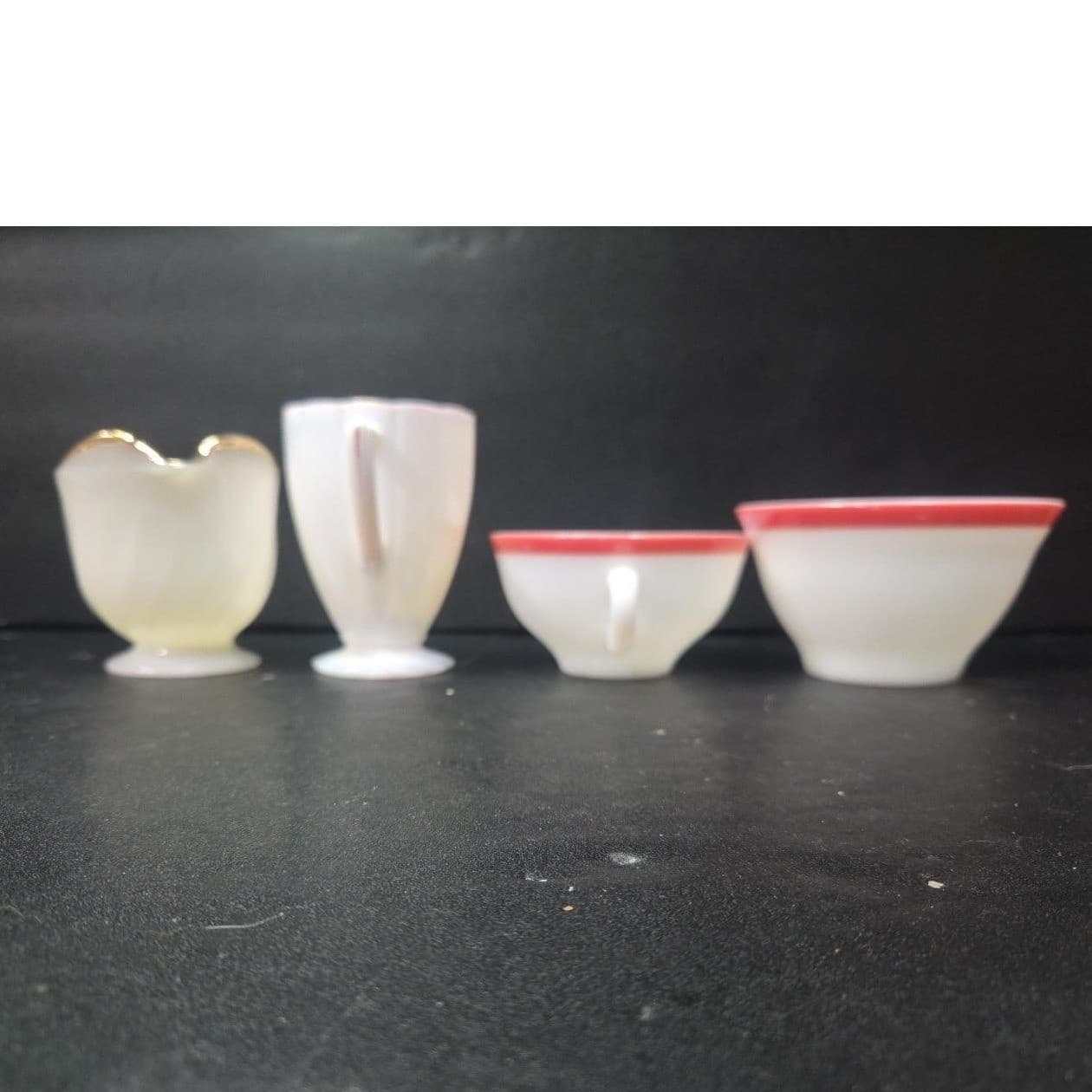 Milk Glass Bundle: Set of 4 Vintage Kitchenware, Pink Rim Mug & Bowl, Creamer - Thumbnail 3