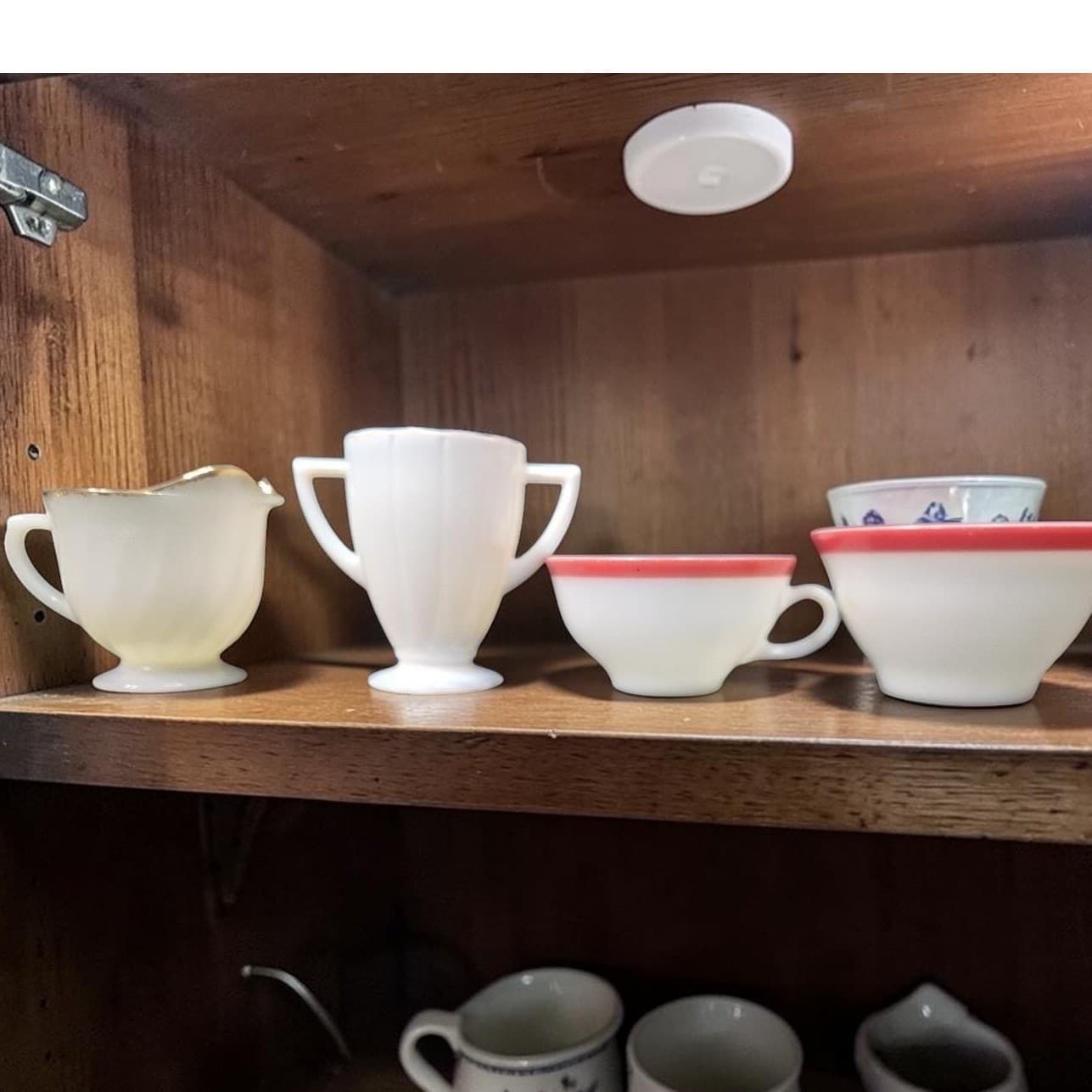 Milk Glass Bundle: Set of 4 Vintage Kitchenware, Pink Rim Mug & Bowl, Creamer
