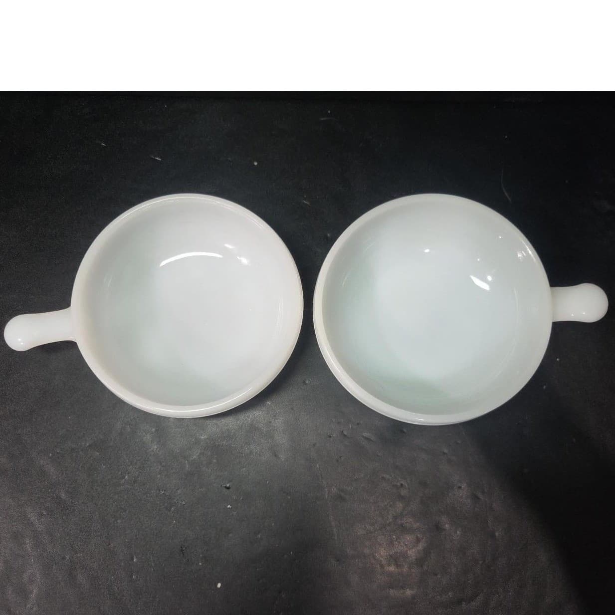 Glasbake Milk Glass Handled Lug Bowls, Set of 2, Vintage Chili Dish, Replacement - Thumbnail 3