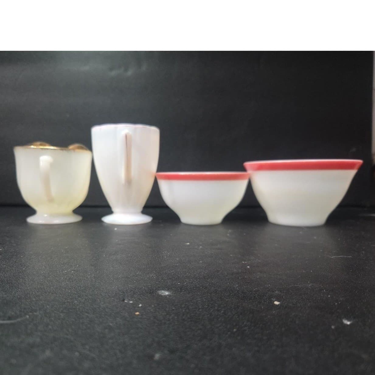 Milk Glass Bundle: Set of 4 Vintage Kitchenware, Pink Rim Mug & Bowl, Creamer - Thumbnail 5