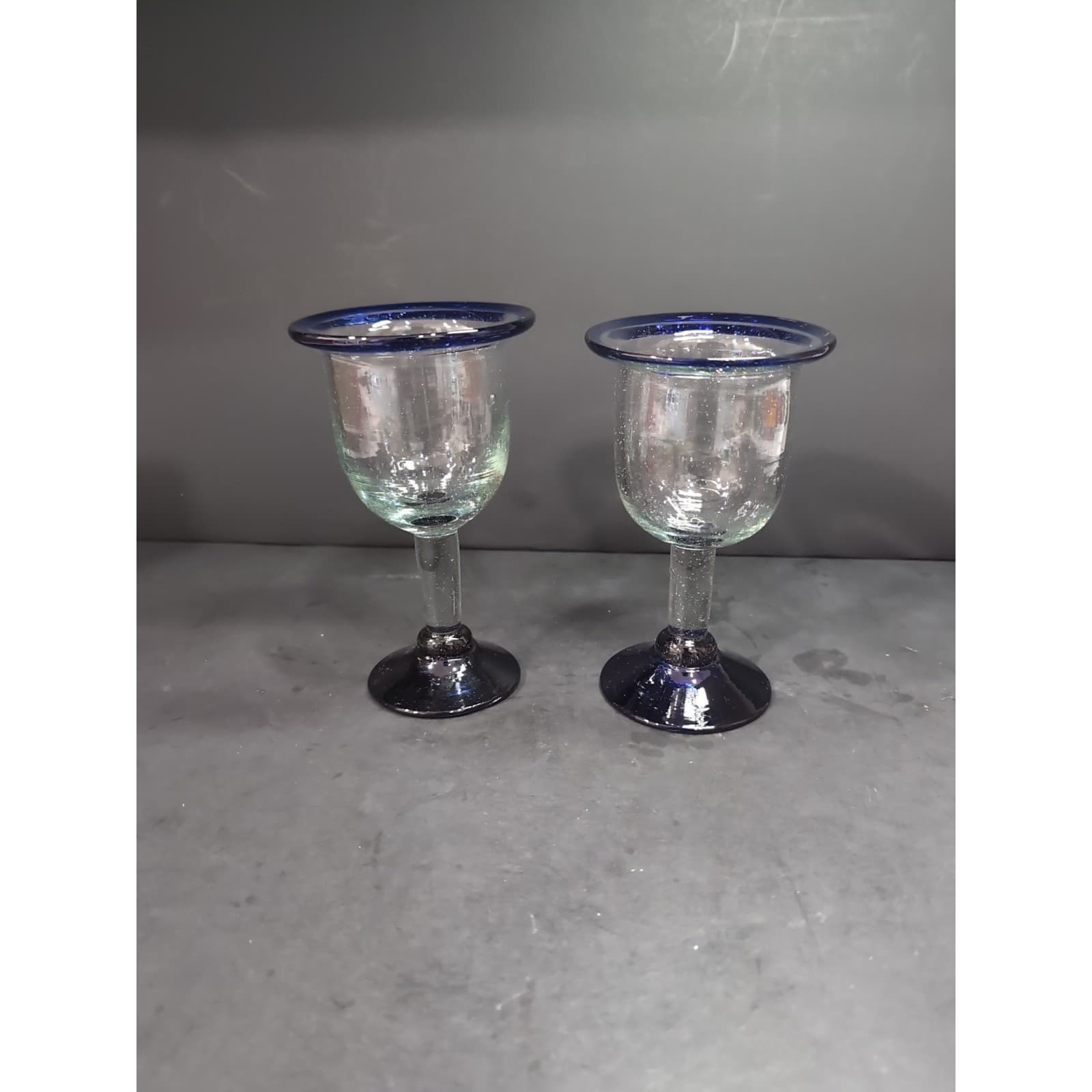 Hand Blown Glass Wine Goblets, Cobalt Blue Rim & Base, Bubbles Design, Drinkware - Thumbnail 2