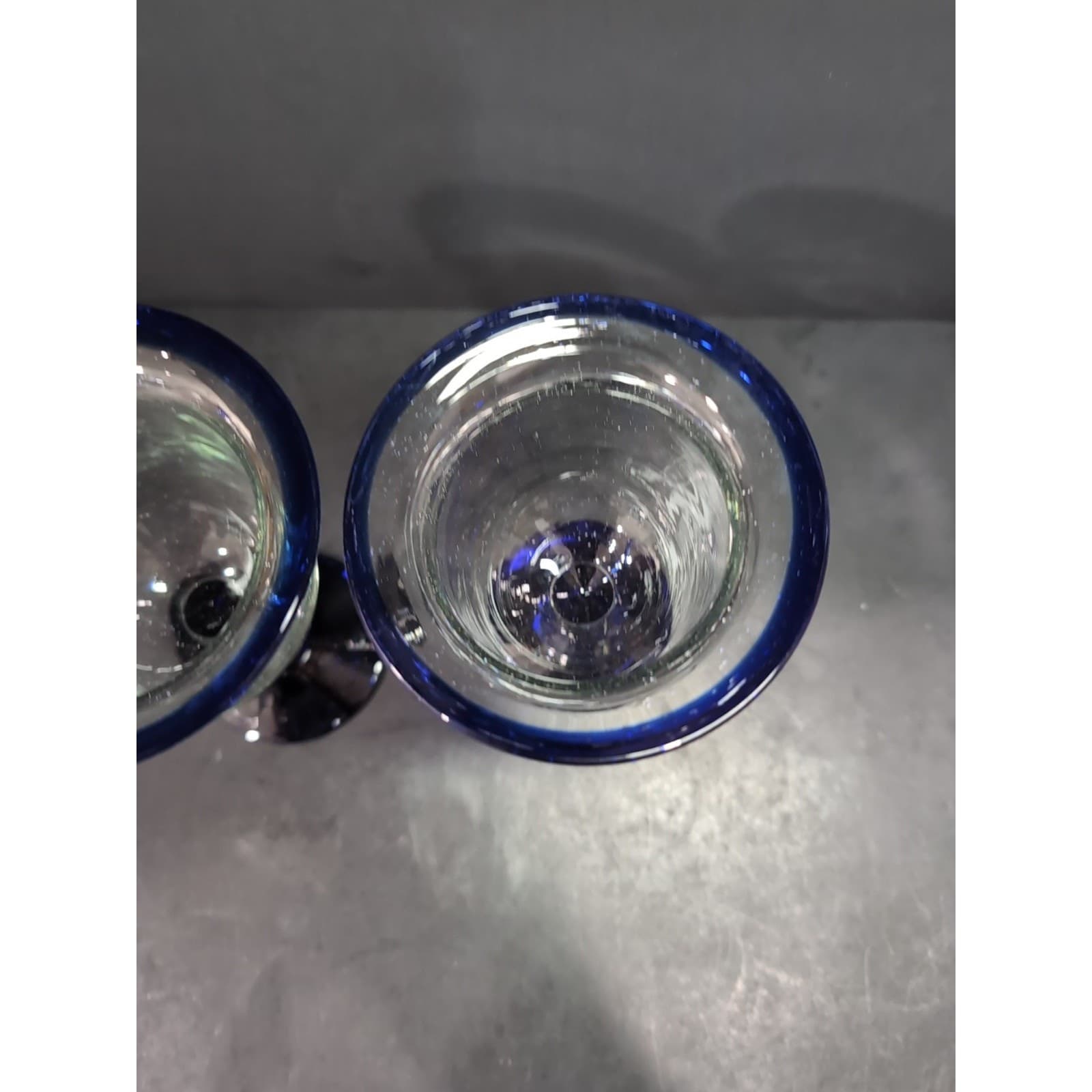 Hand Blown Glass Wine Goblets, Cobalt Blue Rim & Base, Bubbles Design, Drinkware - Thumbnail 5