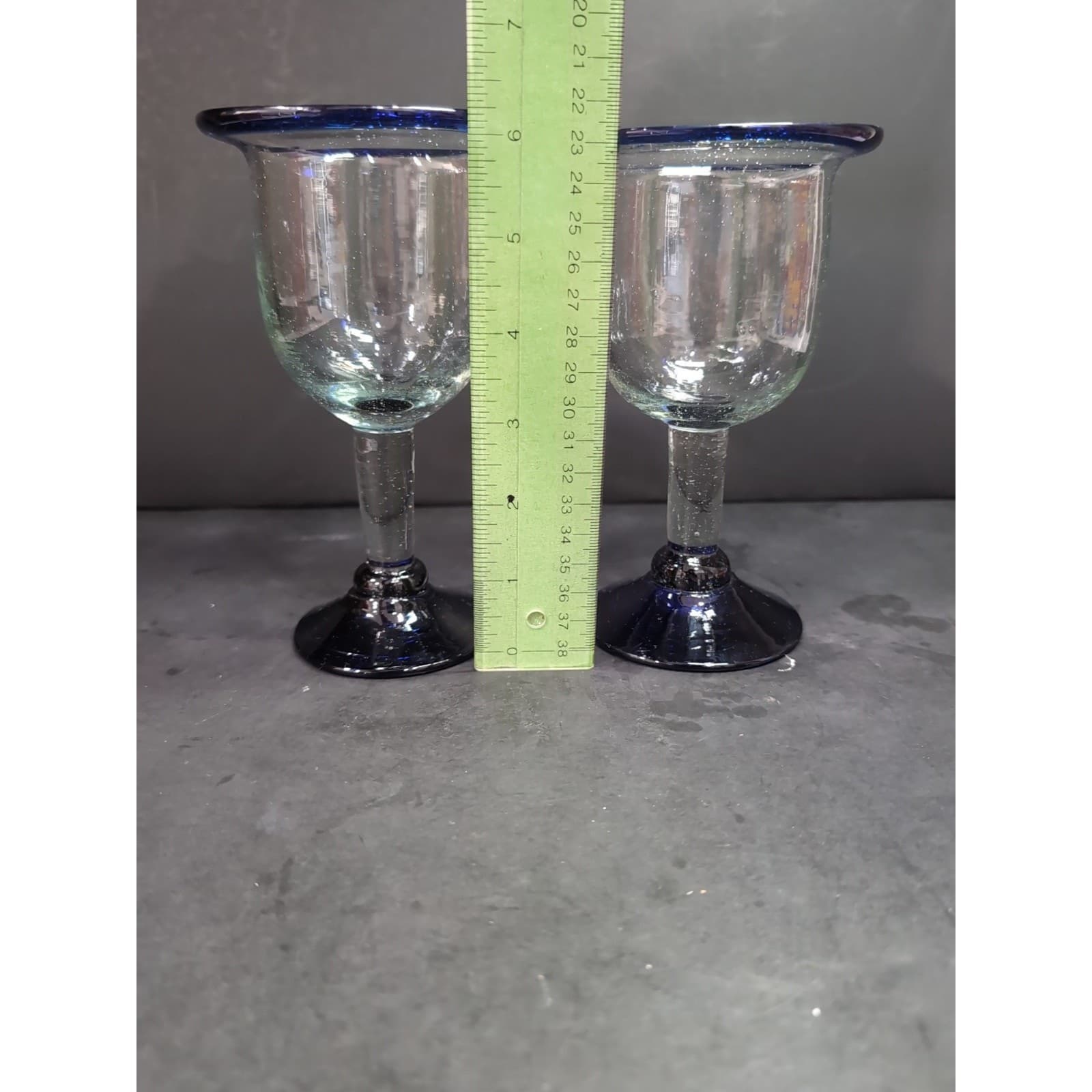 Hand Blown Glass Wine Goblets, Cobalt Blue Rim & Base, Bubbles Design, Drinkware - Thumbnail 6