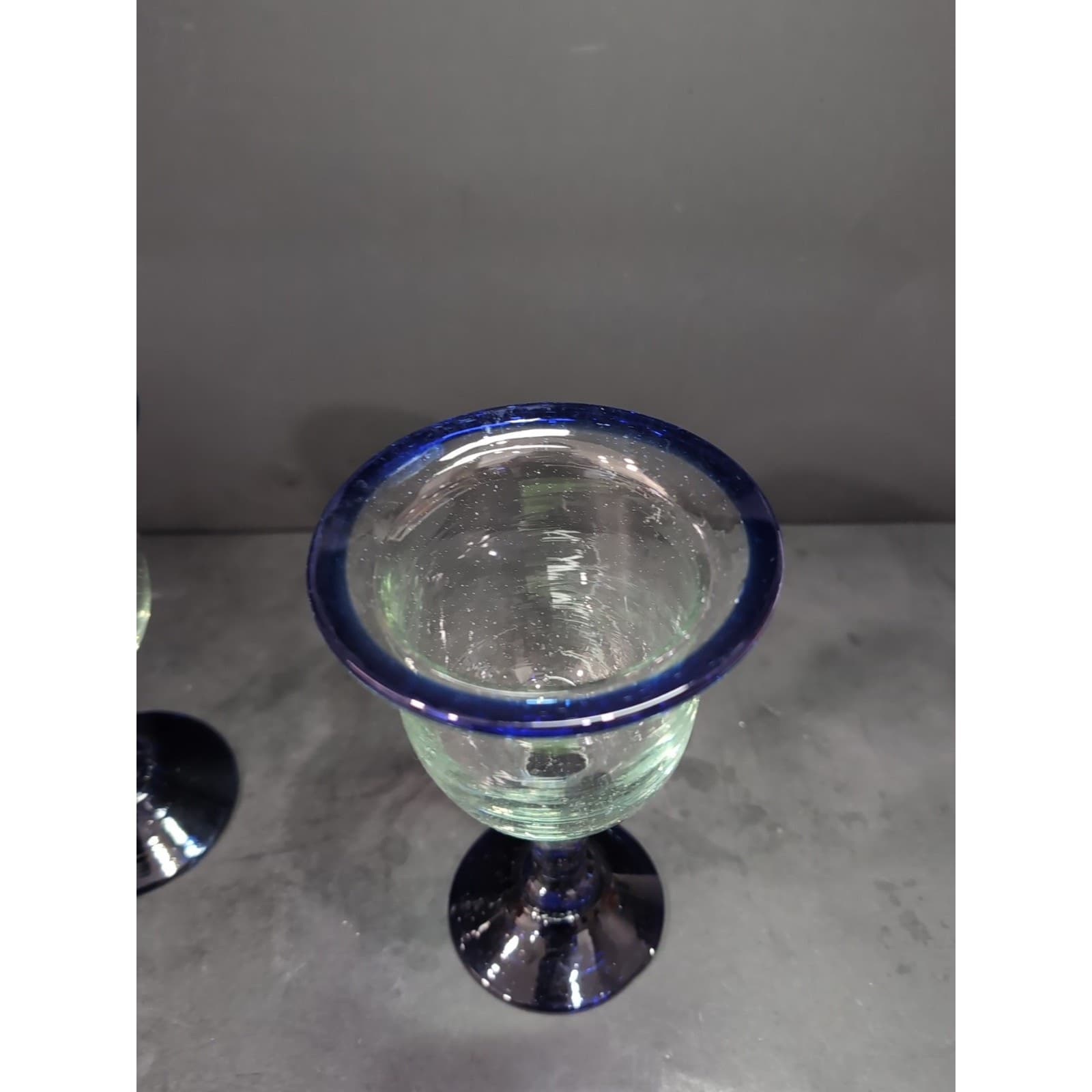 Hand Blown Glass Wine Goblets, Cobalt Blue Rim & Base, Bubbles Design, Drinkware - Thumbnail 8