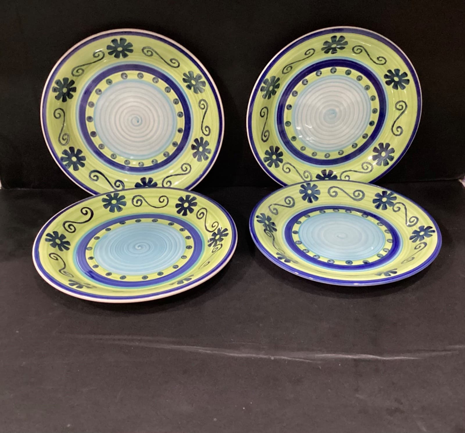 Vintage Mulberry Home Collection 4 Dinner Plates Green Blue Floral Swirl 10.5" *