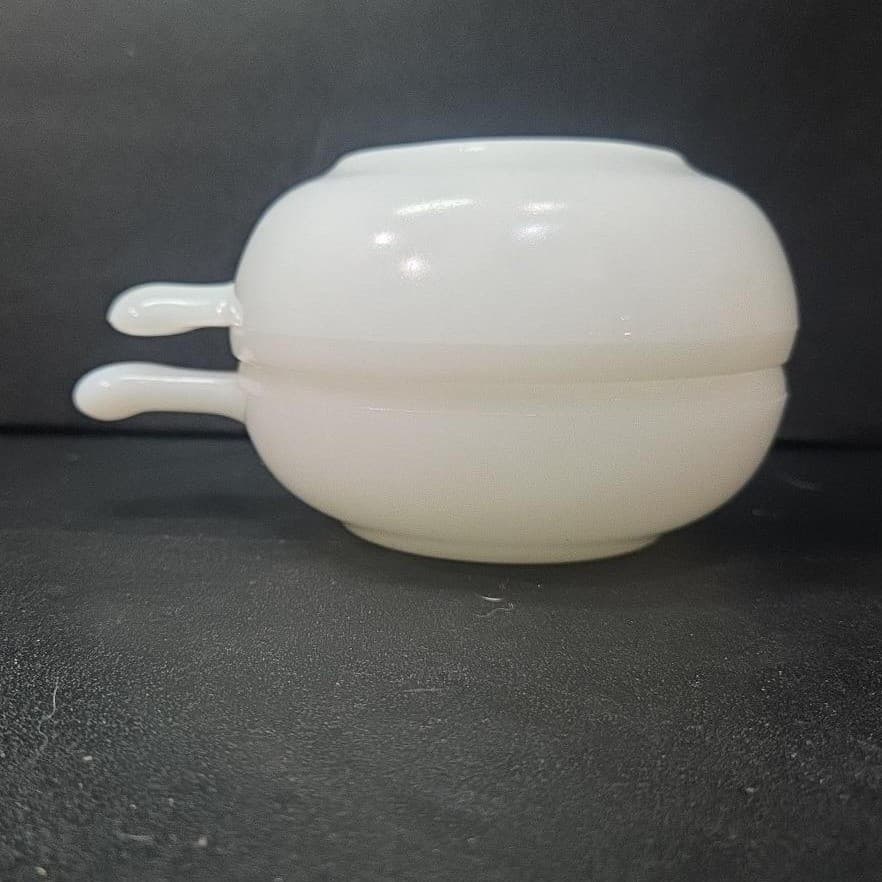 Glasbake Milk Glass Handled Lug Bowls, Set of 2, Vintage Chili Dish, Replacement - Thumbnail 8