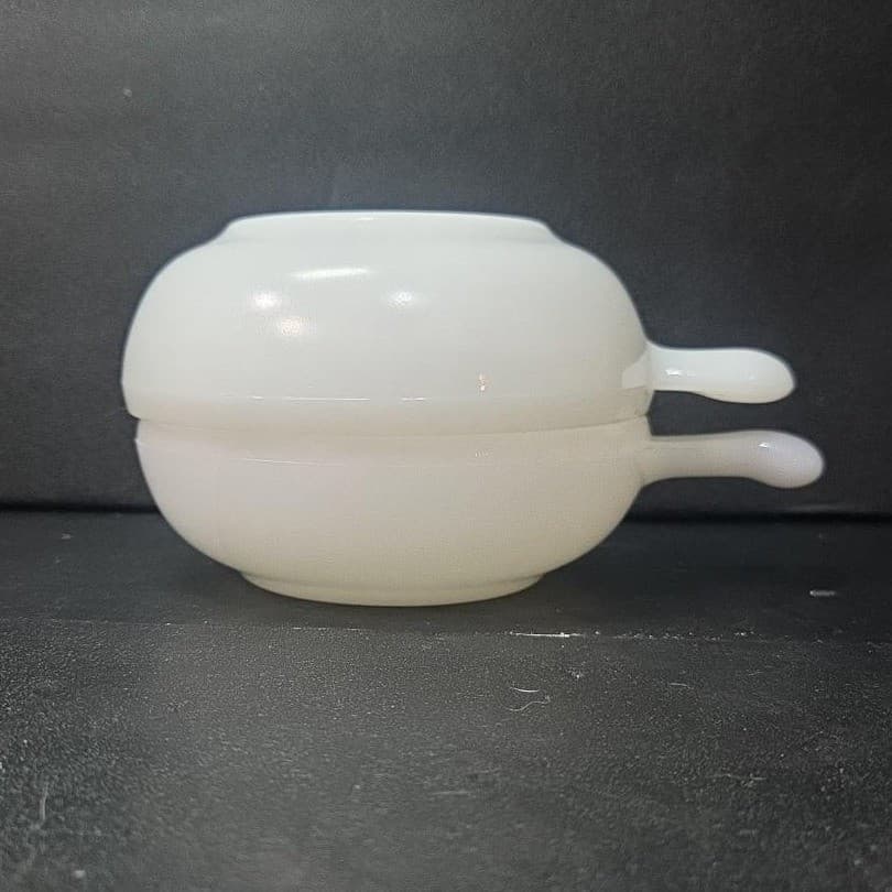 Glasbake Milk Glass Handled Lug Bowls, Set of 2, Vintage Chili Dish, Replacement - Thumbnail 10