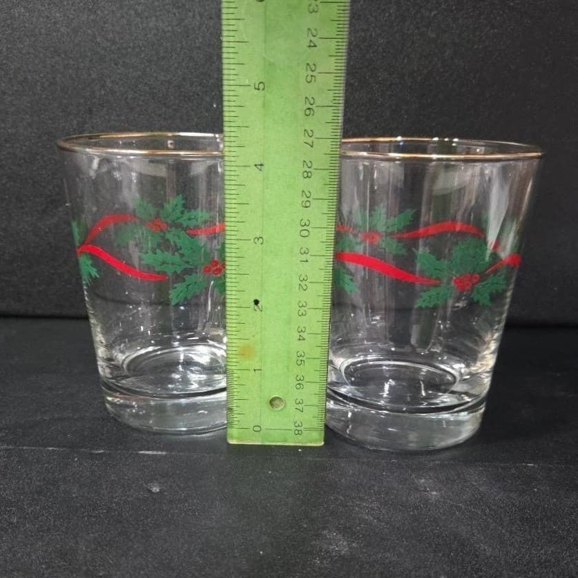 Libbey Gold Rim Christmas Tumblers, Set of 2, Holly & Ribbon Glasses, Drinkware - Thumbnail 9