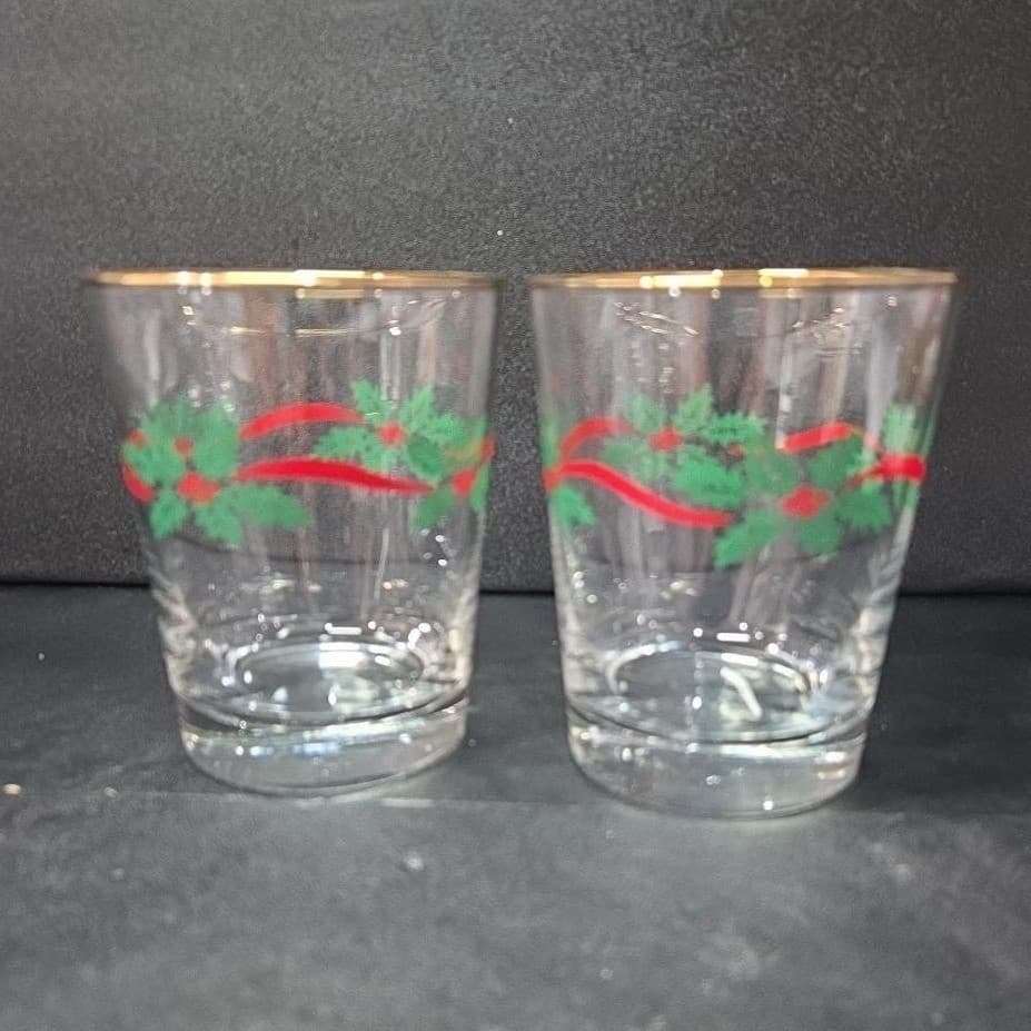 Libbey Gold Rim Christmas Tumblers, Set of 2, Holly & Ribbon Glasses, Drinkware - Thumbnail 2