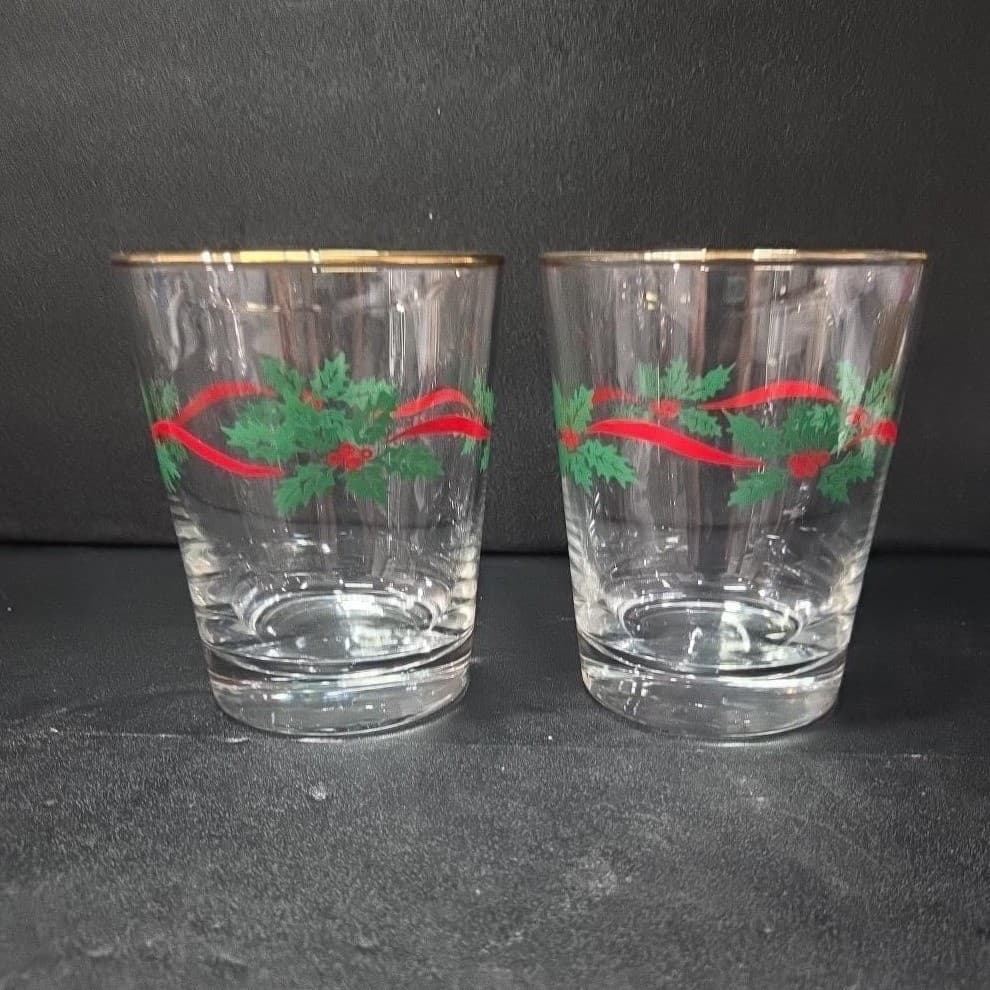 Libbey Gold Rim Christmas Tumblers, Set of 2, Holly & Ribbon Glasses, Drinkware - Thumbnail 5