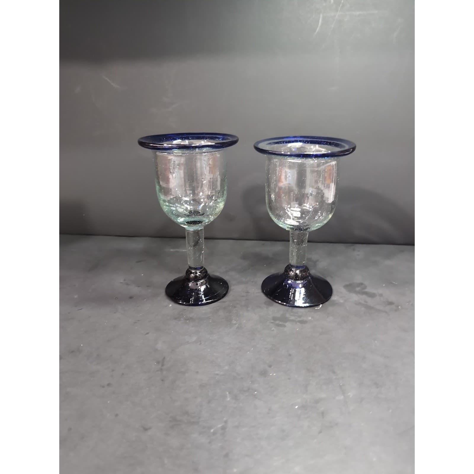 Hand Blown Glass Wine Goblets, Cobalt Blue Rim & Base, Bubbles Design, Drinkware - Thumbnail 3