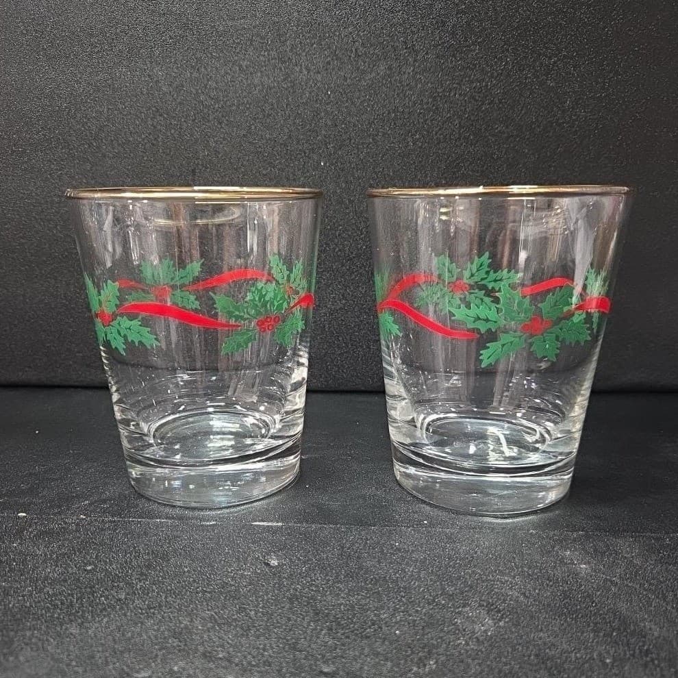 Libbey Gold Rim Christmas Tumblers, Set of 2, Holly & Ribbon Glasses, Drinkware - Thumbnail 4