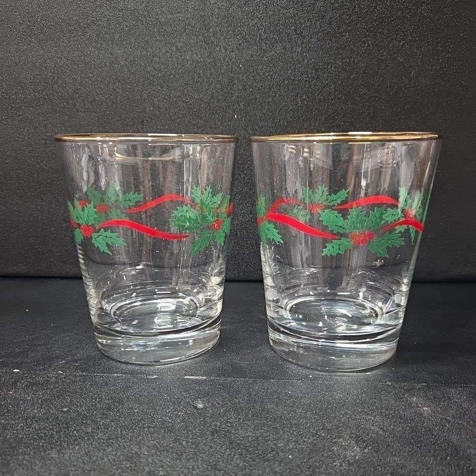 Libbey Gold Rim Christmas Tumblers, Set of 2, Holly & Ribbon Glasses, Drinkware - Thumbnail 3