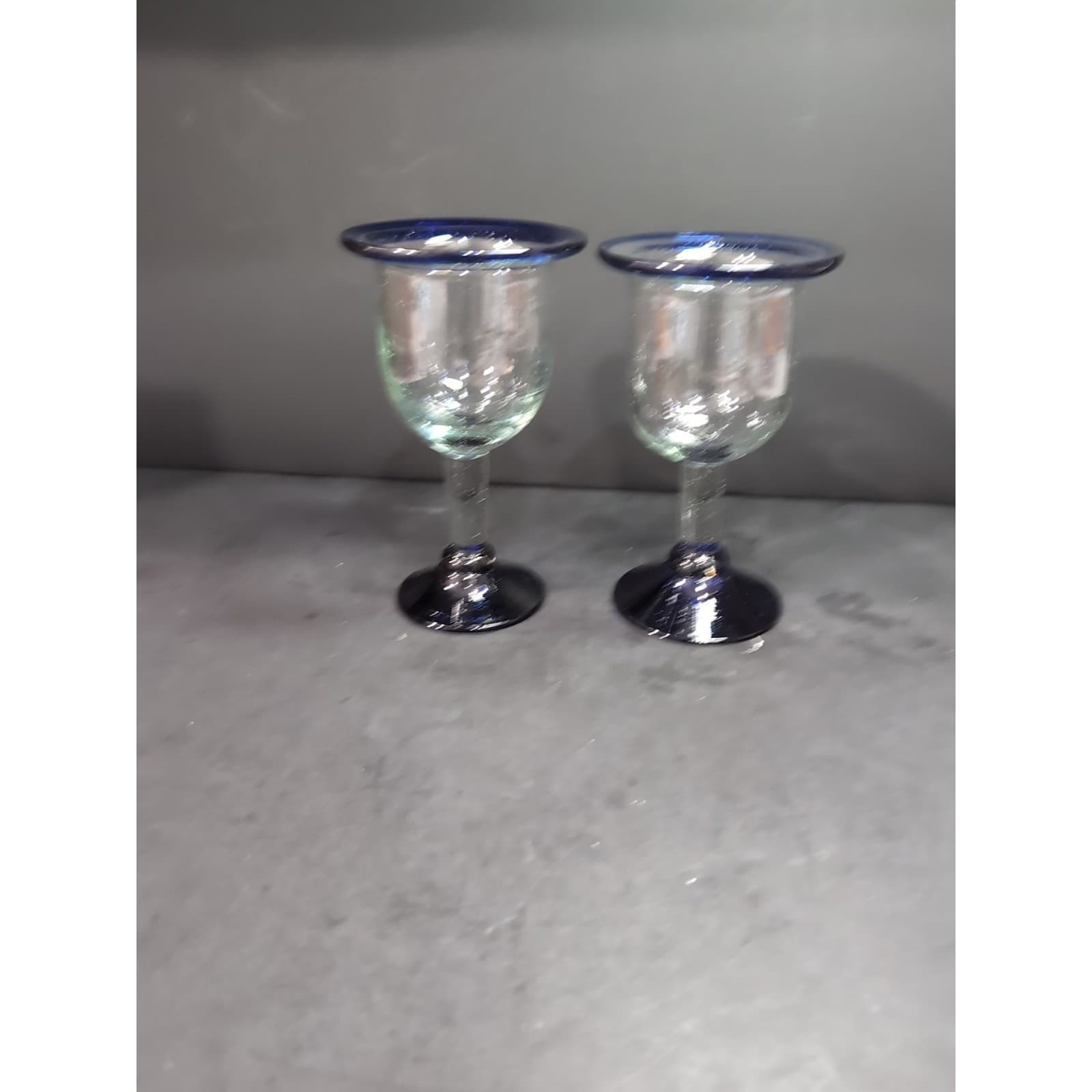 Hand Blown Glass Wine Goblets, Cobalt Blue Rim & Base, Bubbles Design, Drinkware - Thumbnail 4