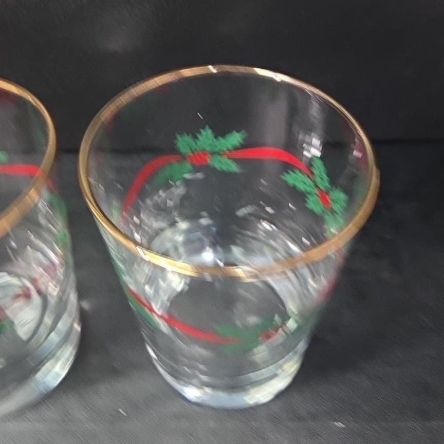 Libbey Gold Rim Christmas Tumblers, Set of 2, Holly & Ribbon Glasses, Drinkware - Thumbnail 6