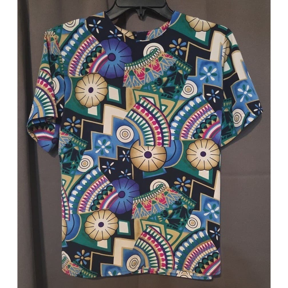 Petite Sophisticate Vintage Abstract Geometric Fan Print Blouse, Women's Size 6 - Thumbnail 3