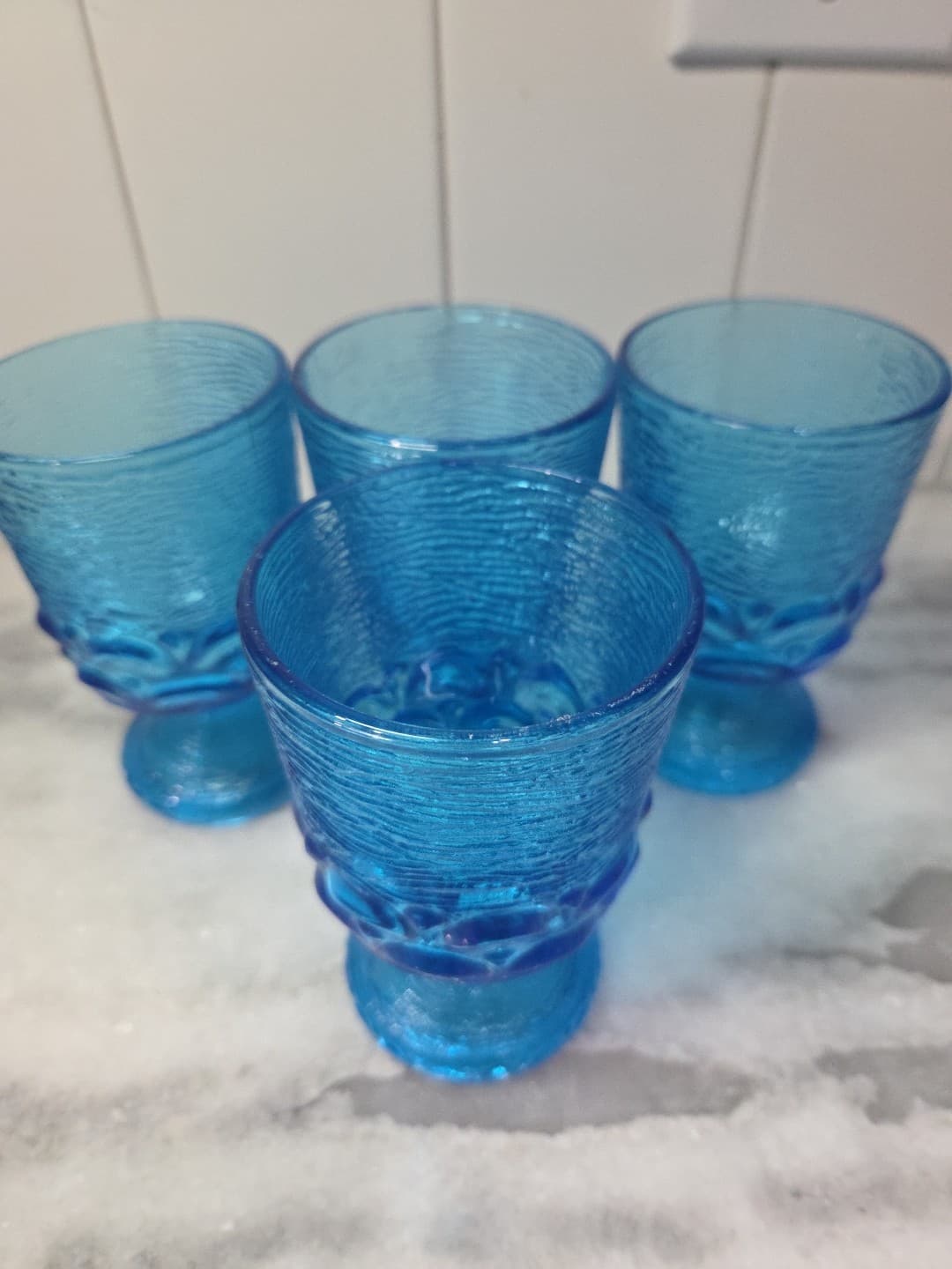 Brockway Glass Co Wine Goblets, Set of 4, Monterey Blue Footed Goblets, Textured - Thumbnail 5
