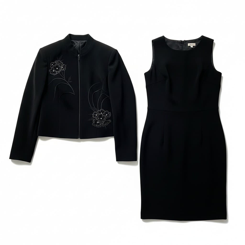 Positive Attitude 2 Piece Dress Jacket Set, Black Floral Embroidered, Size 6