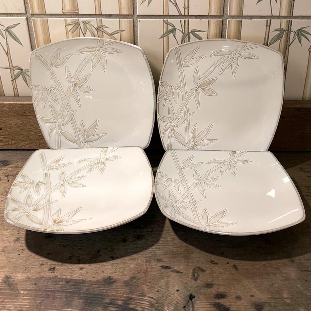 Florida Marketplace Bamboo Design Salad Plates, Set of 4, Vintage Square Dishes