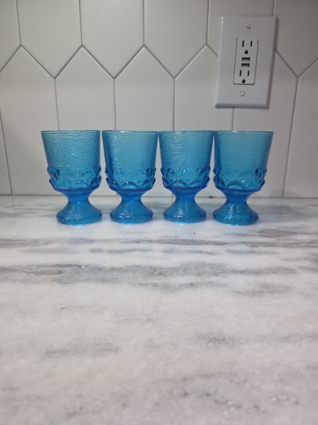Brockway Glass Co Wine Goblets, Set of 4, Monterey Blue Footed Goblets, Textured - Thumbnail 2