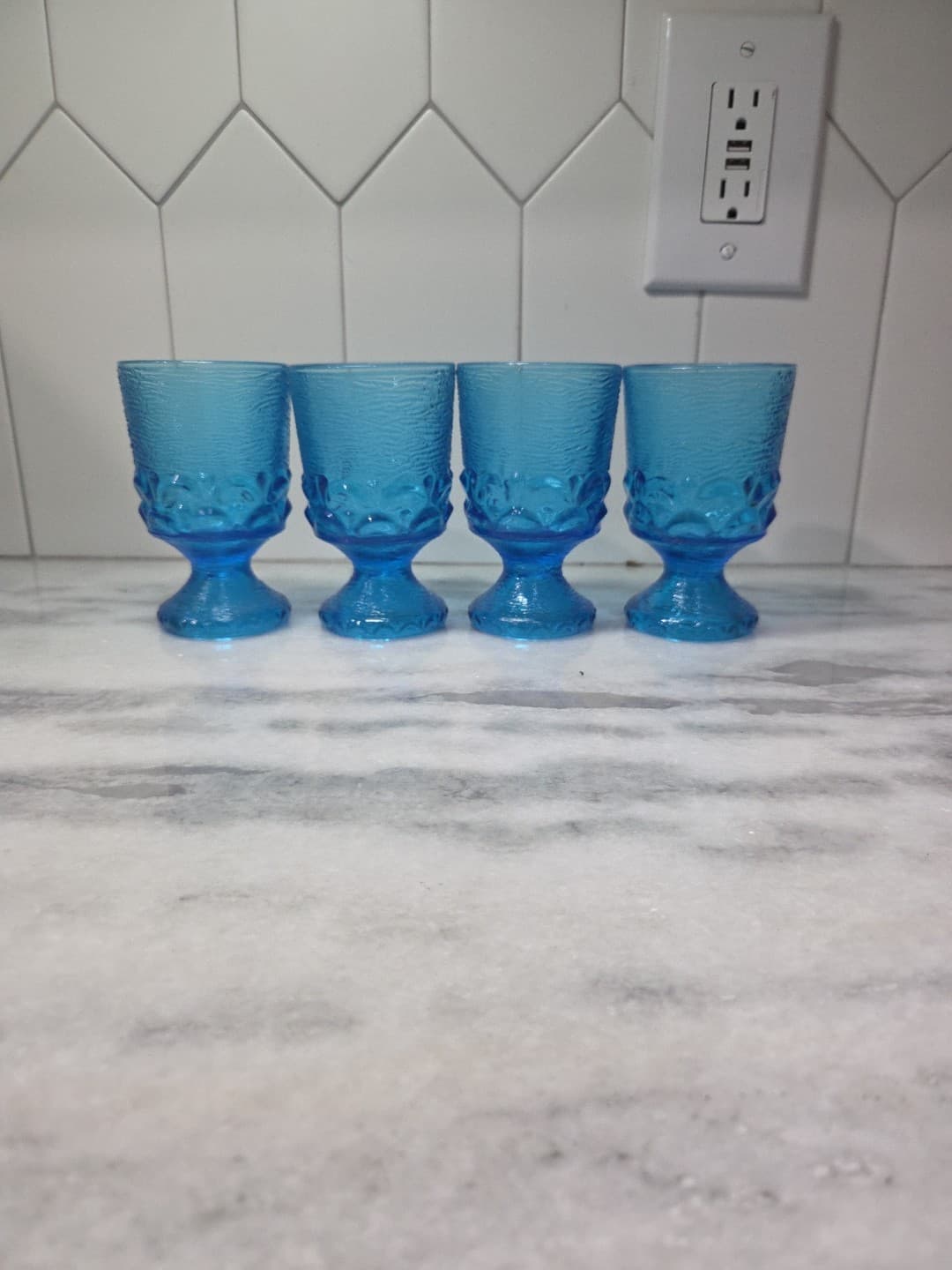 Brockway Glass Co Wine Goblets, Set of 4, Monterey Blue Footed Goblets, Textured - Thumbnail 3