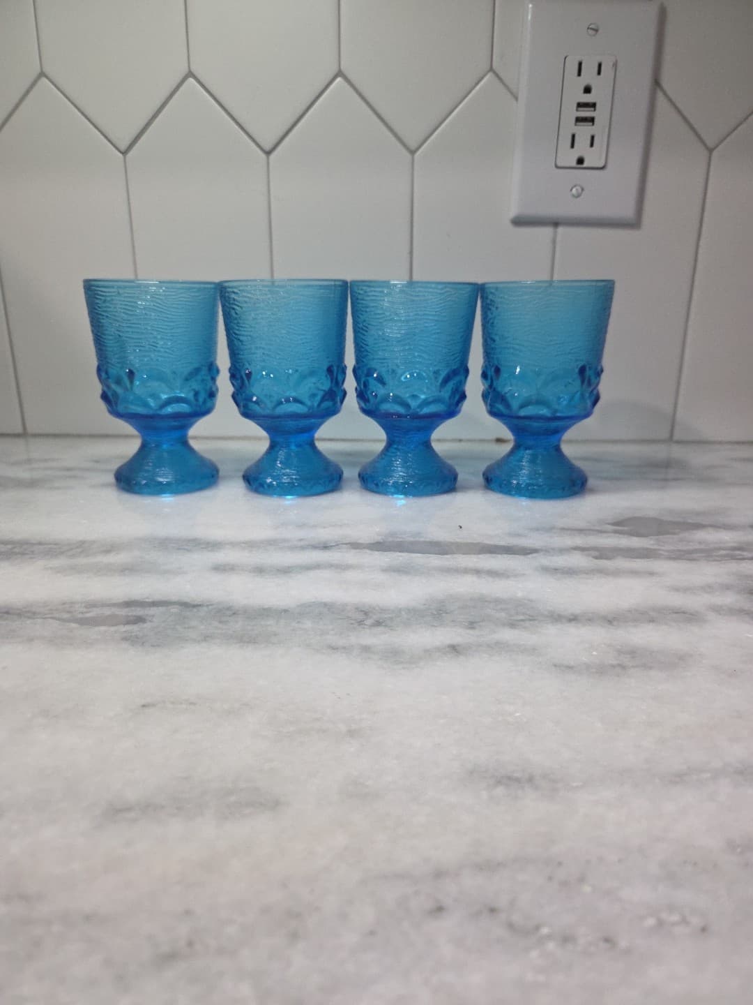 Brockway Glass Co Wine Goblets, Set of 4, Monterey Blue Footed Goblets, Textured - Thumbnail 4