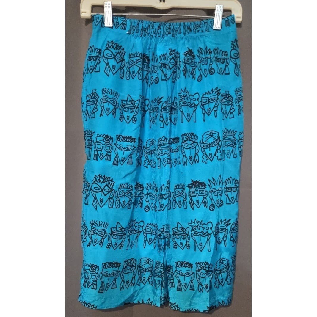Esprit Turquoise Blue Novelty Face Print Midi Skirt, Elastic Waist, Vintage - Thumbnail 4