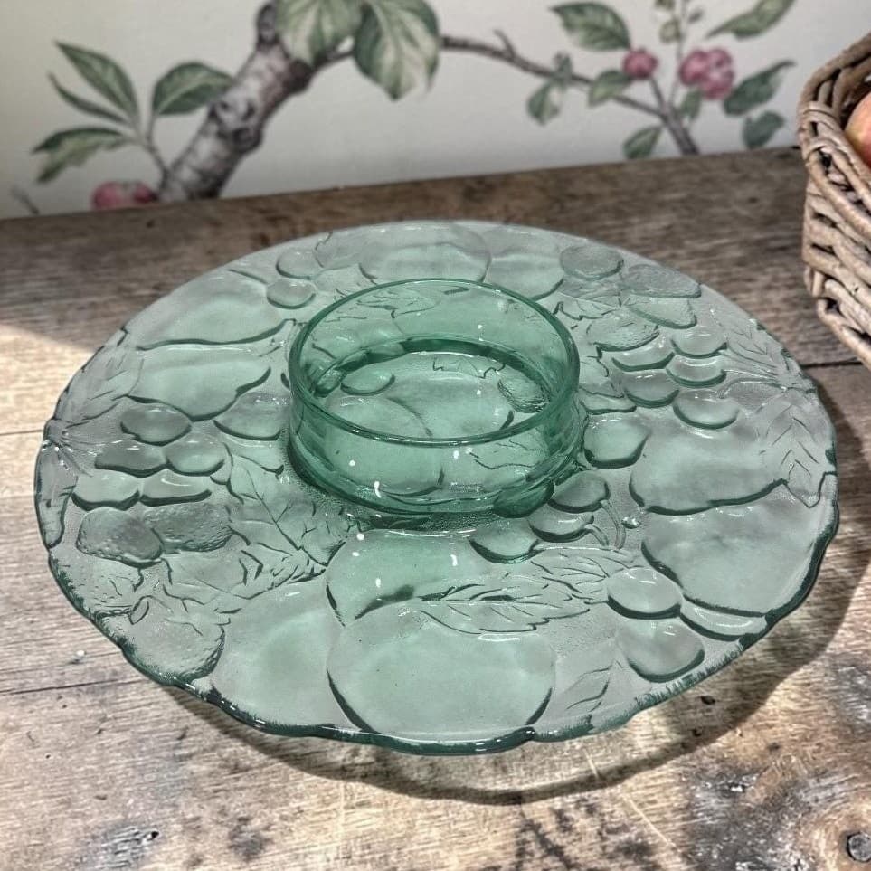 Libbey Teal Serving Tray with Dip Bowl, Vintage Orchard Design Dish, Serveware