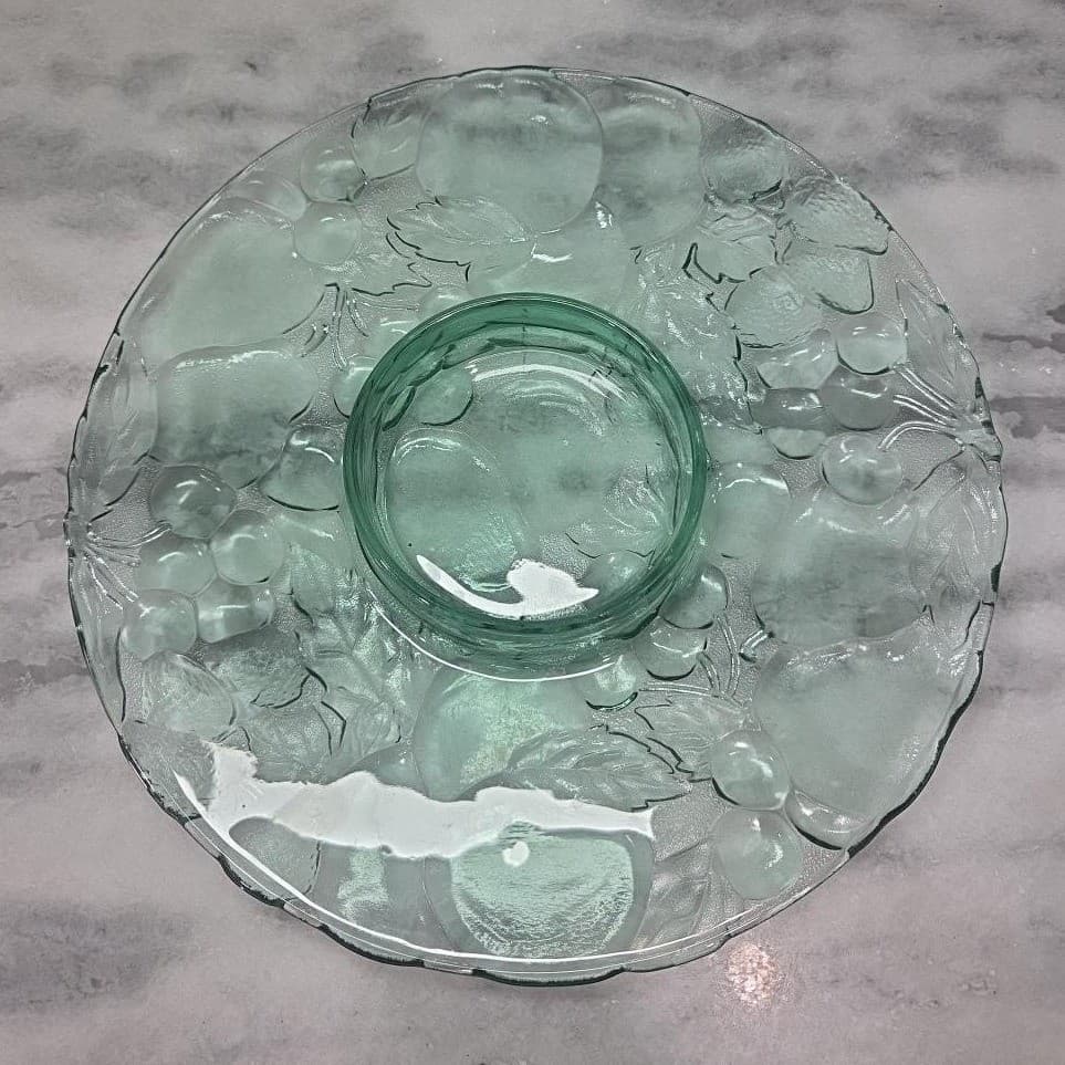 Libbey Teal Serving Tray with Dip Bowl, Vintage Orchard Design Dish, Serveware - Thumbnail 3